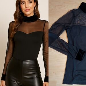 Bebe Black Sheer Sleeve Velvet Dressy Top XS